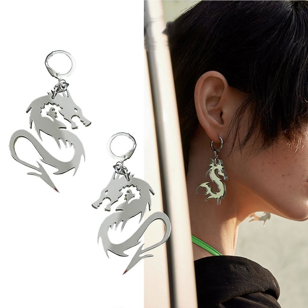 Unisex sølv Dragon Hoop øreringe Animal Mirror Dragon Totem Drop øreringe