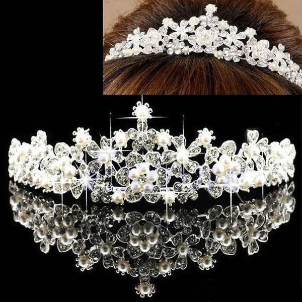 Kaunis morsiuskukka Prom Pearl Crown Tiara Naiset Häät Kauneuskilpailu Rhinestone D