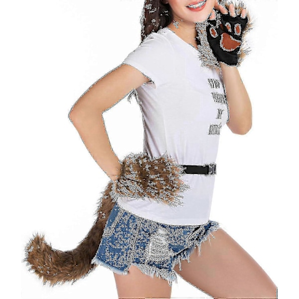 Falsk pels ræv hale kæledyr ulv cosplay kostume sæt plys maske fluffy pote handsker Halloween jul [HK] White 1