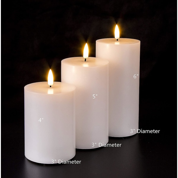 HKK  White Flat Top Flameless Candles With Remote, Flickering Real Wax Led Battery Candles D 3" H 4" 5" 6", 3 Pack