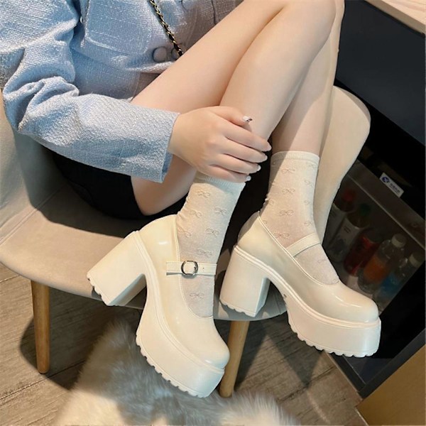 Vintage PU-nahkaiset Mary Jane -kengät, paksu korko, valkoiset Lolita-kengät naisille ja tytöille [HK] Creamywhite 36