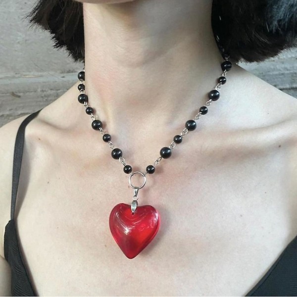 Rött glas kärlek hjärta hänge halsband Punk Rock svarta pärlor kedjor halsband