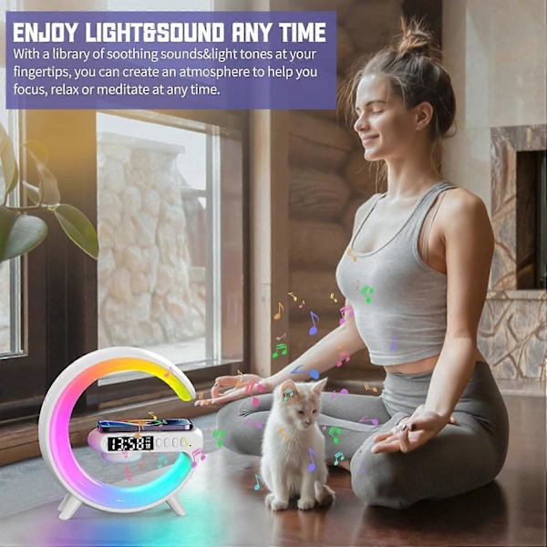 Smart Bordslampa, Trådlös Laddare Stämningslampa, G-Formad LED Trådlös Bordslampa Bluetooth Högtalare, Dimbar Nattlampa, Sänglampa Alarm C[HK]