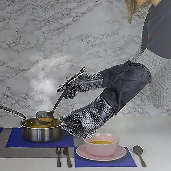 HK Extra lång professionell ugnsvante i silikon, värmebeständig ugnsvante med inre bomull för kök, grill, bakning, grill - Black
