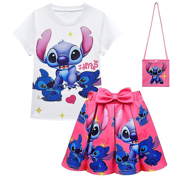 Børns Piger Lilo & Stitch Trykt T-Shirt + Sløjfe Plisseret Nederdel + Crossbody Taske Sæt Fest Tegneserie Kjole Outfit Gaver[HK] Rose Red 7-8 Years