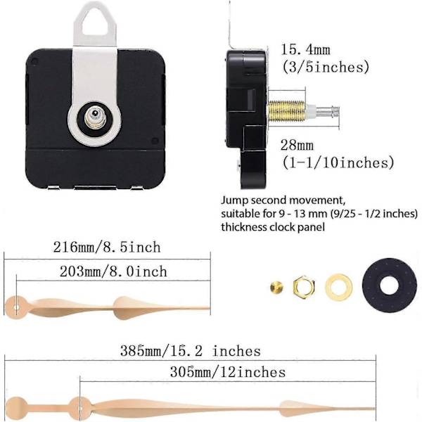 Klockmekanism med högt vridmoment och lång axel med 12 tum långa spadformade visare (guld) [HK]