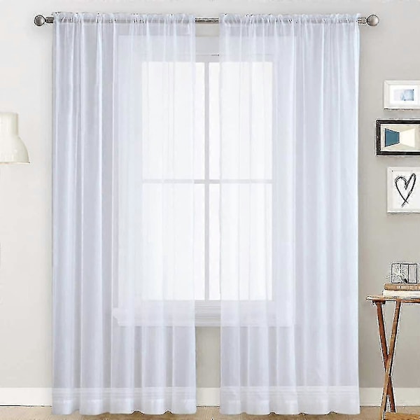 Tyldgardiner med flæser i linnedoptik, transparent [HK] White