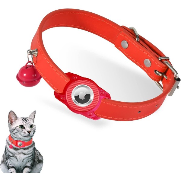 AirTag katthalsband, justerbart läder Gps katthalsband för pojke flicka katter Valpar med AirTag hållare och klocka[HK] Red