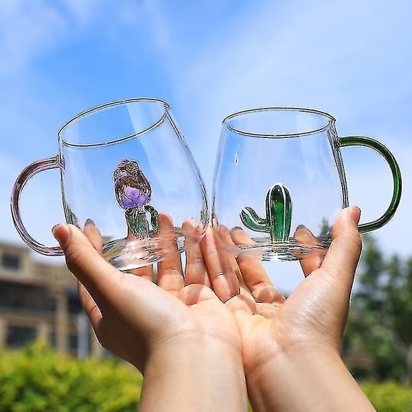 Gjennomsiktig tredimensjonal liten dyreformet vannkrus farget glasskopp[HK] Cactus(400ml)