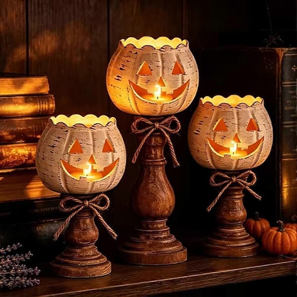 3 stk rustikk hvit gresskar telysholder sett for gårdshus Halloween høst Thanksgiving fest bord midtpunkt [HK]