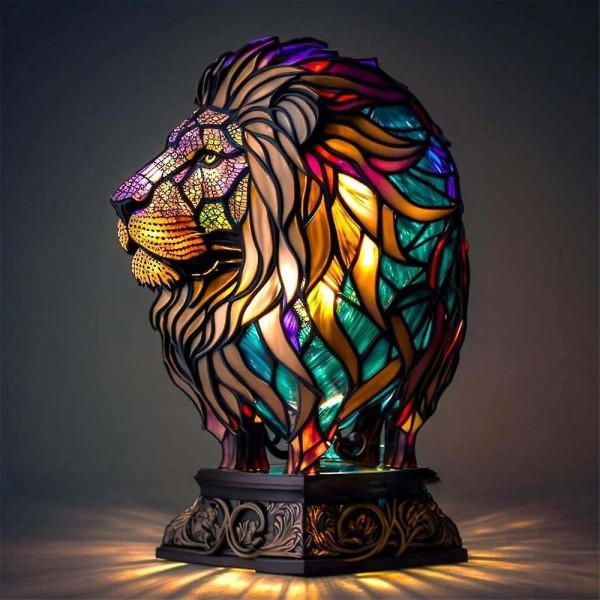 HK  Djur Bordslampa Tiffany Glas Färgat Nattljus Retro Skrivbordslampor Julgåva Lion 15cm