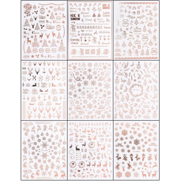 9 ark jul Nail Art Stickers Dekaler Självhäftande Nagel Stickers Snöflinga Ren Mönster DIY Dekorationsverktyg Tillbehör, Rose Gold