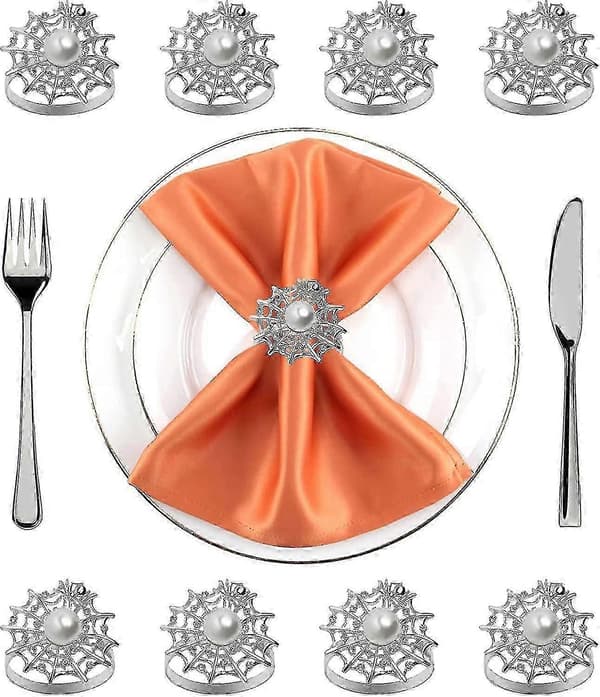 Halloween servettringar set om Acsergery 8 silver pärla servettringar diamant spindel servett present [HK]