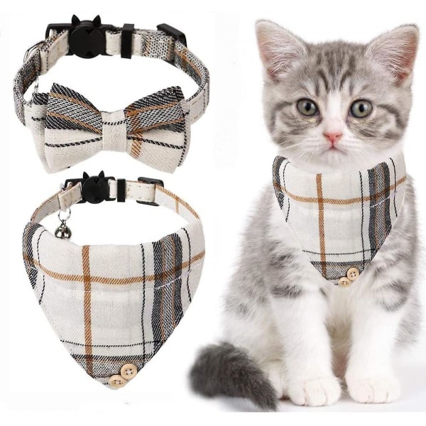 Shao rusetti kissanpanta bandana - 2 pakkausta klassinen ruudullinen ruudullinen Ginham -kissan kaulapannat, joissa on huivi ja rusetti - säädettävä koko ja kello[HK]