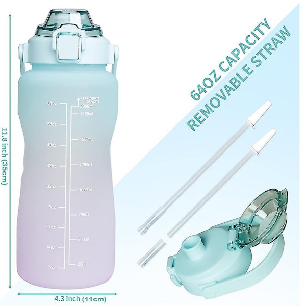 Flaska med Er, 2l flaskor med sugrör Bpa, 2 liters läckagesportflaskor[HK] Blue