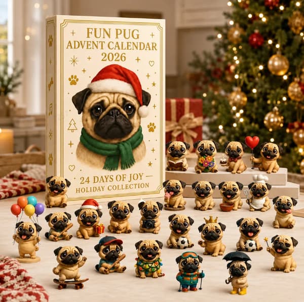 Mops-adventskalender 2026 – 24 miniatyrfigurer, 3D (HK)