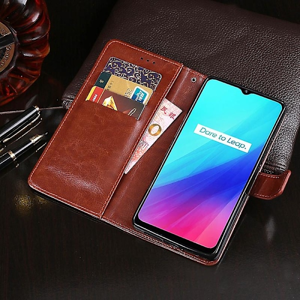 OPPO Realme C3:lle (Sormenjälkireiällä) idewei Crazy Horse -kuvioinen vaakasuuntainen läppä nahkakotelo OPPO Realme C3:lle [HK] Black