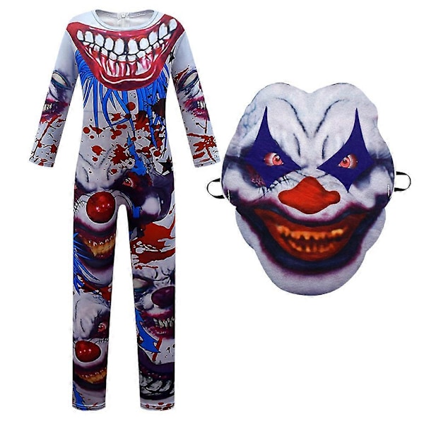 Lasten Pelottava Klovniasu Horrorinen Verinen Suu Painettu Halloween Painajainen Cosplay Haalarit + Maski Pelottava Hymyilevä Kasvot [HK] 160cm 4706 with mask