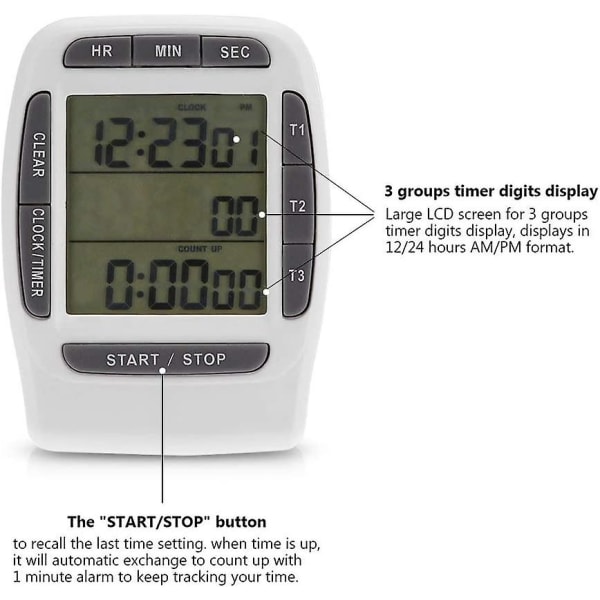 HK 2024 Trefaldig kökstimer - Bärbar digital multikanals 3-kanals LCD-timer - Exakt timer