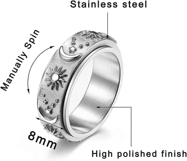Heytea rustfrit stål spinnerring til angst Fidget-ringe til at lindre stress Angstring Sol Måne Stjerner Forlovelsesring Størrelse 6[HK]