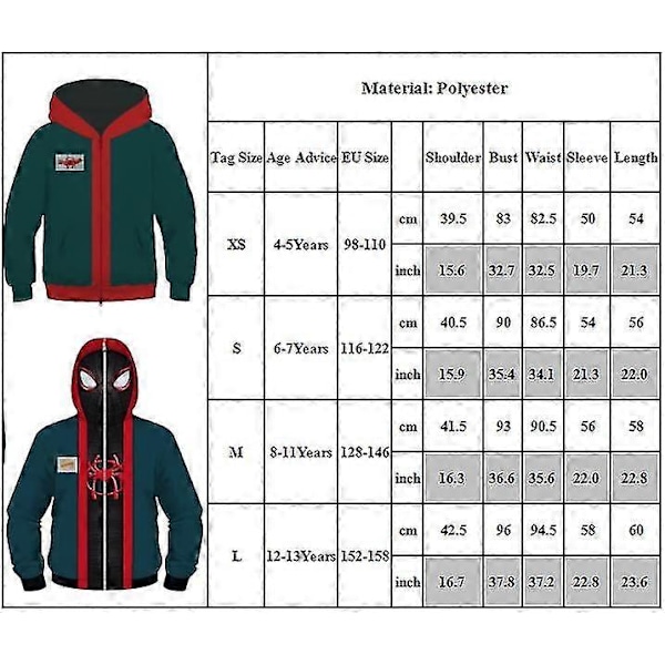 Verse Miles Morales Cosplay Full Zip Hoodies Jakke Spiderman Into The Spider Kids Hooded Coat Boys Girls Casual Outerwear[HK] M 1