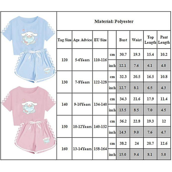 5-14 år flickor Cinnamoroll träningsset söt tecknad anime kortärmad t-shirt + shorts set casual sportkläder kläder[HK] Light Blue 10-12 Years