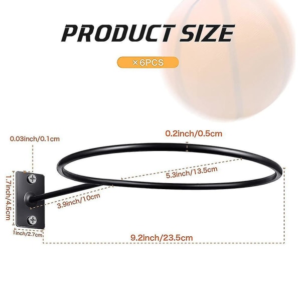 6-pack väggmonterad boll display boll förvaring boll rack bollhållare för basket fotboll volleyboll fotboll[HK] Black