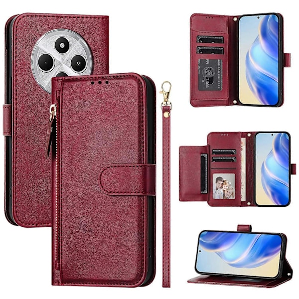 Kotelo Xiaomi Redmi 14R 5G Xiaomi Poco C75 4G Xiaomi Redmi 14C 4G -puhelimille, vetoketjutasku, useita korttipaikkoja [HK] Red Multicolor