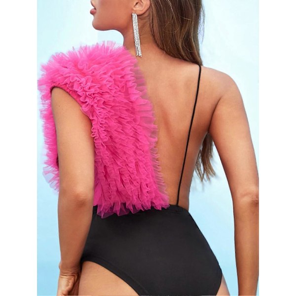 JUNGE Bodystocking med kontrastfarvede pailletter, flæsekanter og dyb udskæring, V-hals farveblok festtøj, bodystockings i ét stykke, dametøj SZJG240306[HK] M(38) Dark Pink