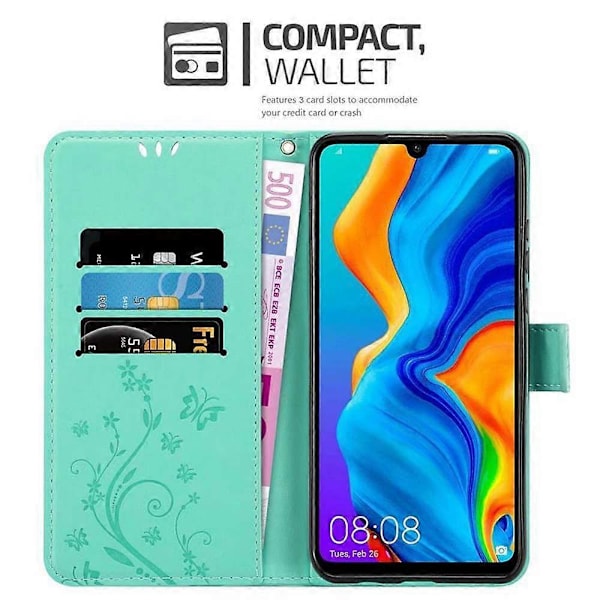 P30 LITE Skyddsfodral Skal - med blommönster och kortfack [HK] P30 LITE FLORAL TURQUOISE