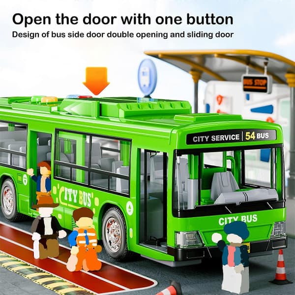 Legetøjsbus til børn, simulering, stor døråbning, lys, stemme, bybusmodel, simuleringsbus, legetøjsbus, bus, dreng