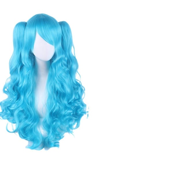JUSCH Lolita Lång Lockig Clip on Hästsvansar Cosplay Peruk, Dubbel hästsvans tiger clip lång lockig peruk (Azure Blue),WZ-1357R[HK]