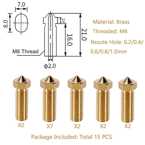 15pcs Nozzles Kit, 3d Printer 7pcs 0.4mm Brass Nozzles And 2pcs 0.2mm, 0.6mm, 0.8mm, 1.0mm Brass No([HK])