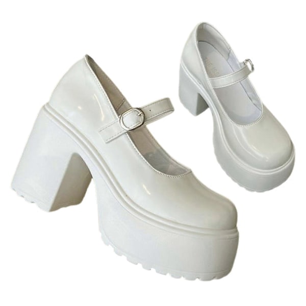 Vintage PU Läder Mary Jane Skor Chunky-Heel Platform Vita Lolita Skor för Kvinnor Flickor[HK] Creamywhite 38
