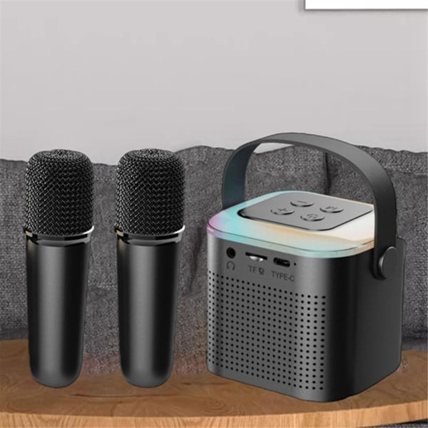 Bärbart Bluetooth 5.3-högtalarsystem med 2 trådlösa mikrofoner Home Singing-högtalare Svart([HK])