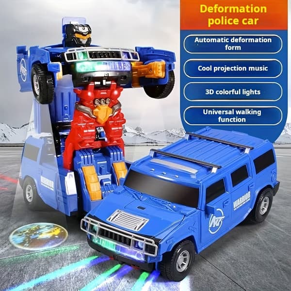 Automatisk transformerende lekebil, transformerer til robotbilmodell, projeksjon av bilde, med lys, med musikk, unngår automatisk hindringer [D] Blue