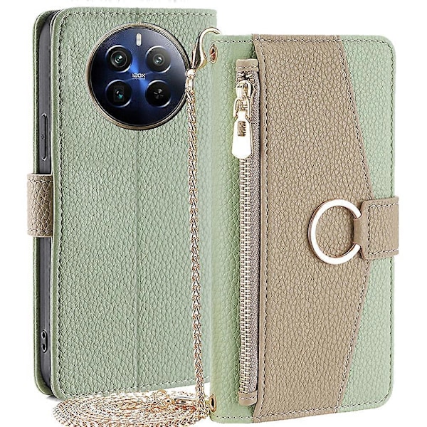 For Realme 12 Pro 5G/12 Pro+ 5G Deksel med Lanyard Lommebok Glidelås Lær Telefondeksel[HK] Green