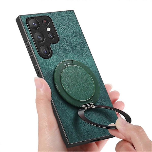 Samsung Galaxy S24 Ultra -puhelimen suojakuori pyörivällä jalustalla, stressiä lievittävä retro-nahkainen takakuori [HK] Green Multicolor