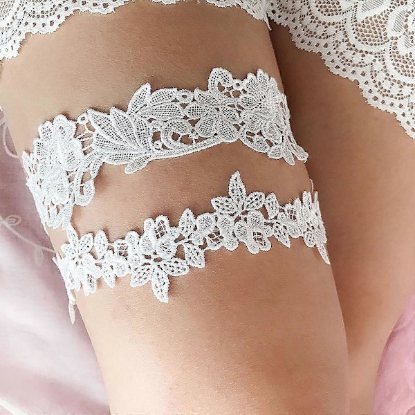 Fuldend Dit Brudelook med 2 stk. Brude Blondekant Bryllup Brudestrømpebånd - Elegant Satin Sløjfe til Brude[HK] White