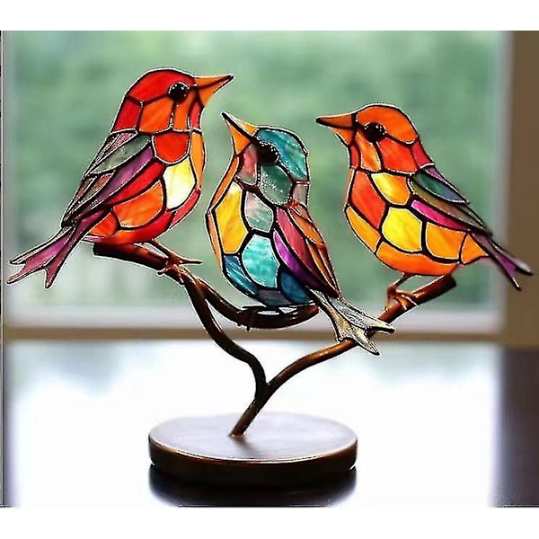 Lasimaalauksella koristellut linnut oksalla, pöytäkoristeet, metallilintuveistoskoristeet [HK] 3 birds