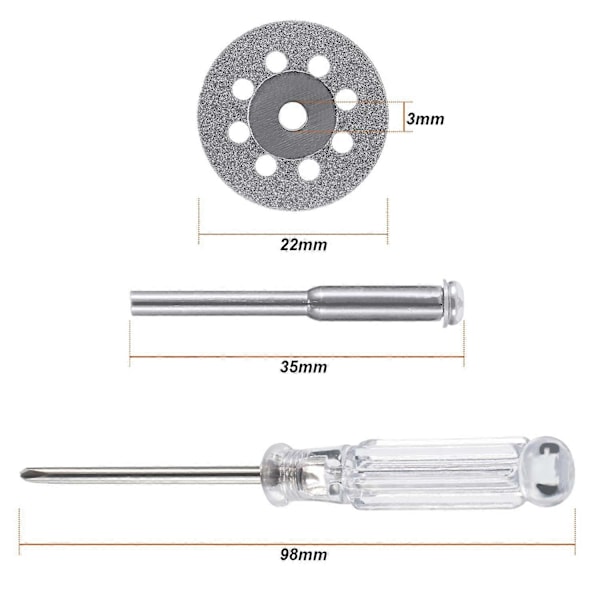 20 kappaletta 22 mm timanttikatkaisulaikkaa, 4 kappaletta 3 mm istukkaa ja 2 kappaletta ristipääkristallimeisseliä Dremel-pyörötyökaluihin UUSI3[HK]