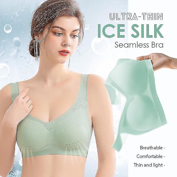 Ultra-tynd is silke bh silke sømløs bh trådløs undertøj med aftagelig pude til kvinder[HK] Green XL