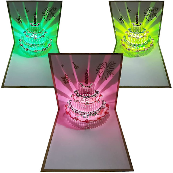 3D Bursdagskort, 1 Pakke Fargeskiftende Lys & Automatisk Musikk Happy Birthday Kakekort[HK]