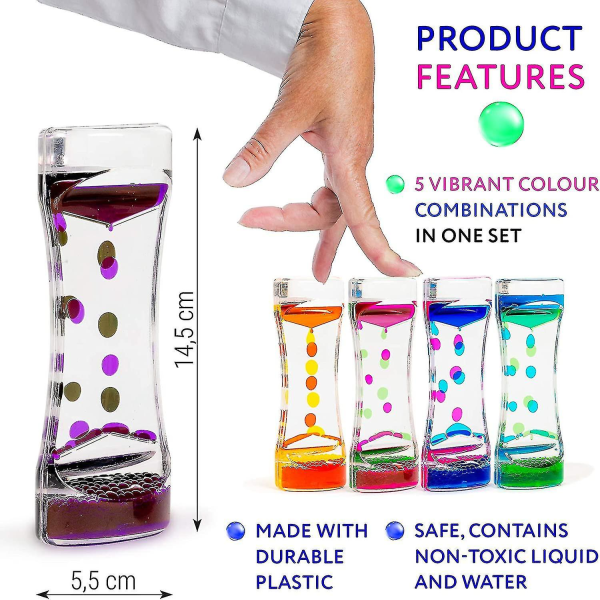 HKK 5 Flytande Timglas, Vatten Timglas För Barn (14,5 cm, 5 Färger) - Sensoriska Leksaker, Fidget Leksaker, Lugnande, Lugnande & Avslappnande