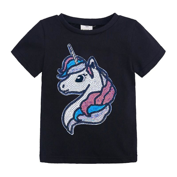 Kids Glitter Unicorn Top Grills Kortärmad T-shirt Barn-Tshirt För Baby Barn Skjortor[HK] Black 90