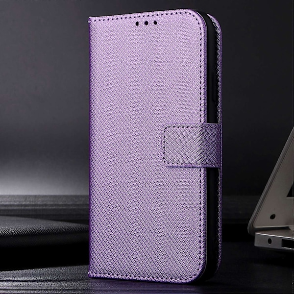 Til HTC Desire 22 Pro 5G Stødsikker Telefon Flip Wallet Etui Skridsikkert Greb Diamanttekstur PU Læder Cover Stativ Kortholder med Håndledsrem[HK] Purple