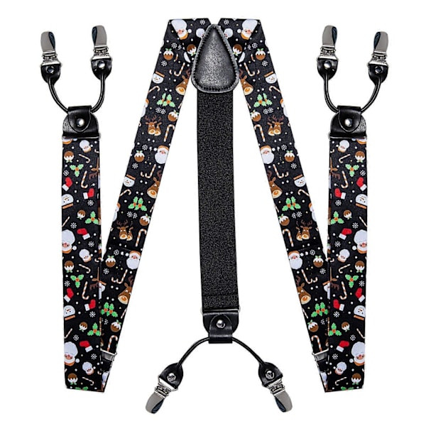 Julegave til mænd - Elastiske seler med justerbar sort butterfly-sløjfe og manschetknapper - Sæt med juletræ, julemand og Y-formet ryg - Brede stropper med metalclips - BD-4051