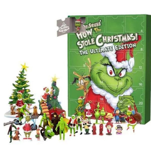 Jule-Grinch blindboks med 24 ruter i harpiks, dekorative leker, innovative blindboks, julenissen, grønn monster