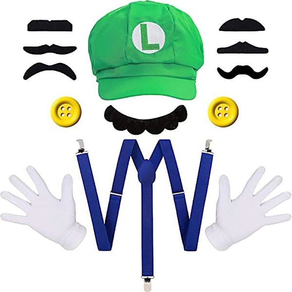 Super Bros Luigi Aikuisten Hattu Lakki Puku Cosplay Halloween Baseball Anime Unisex Roolipeli Hattu (Punainen ja Vihreä) 2 kpl [HK] set4