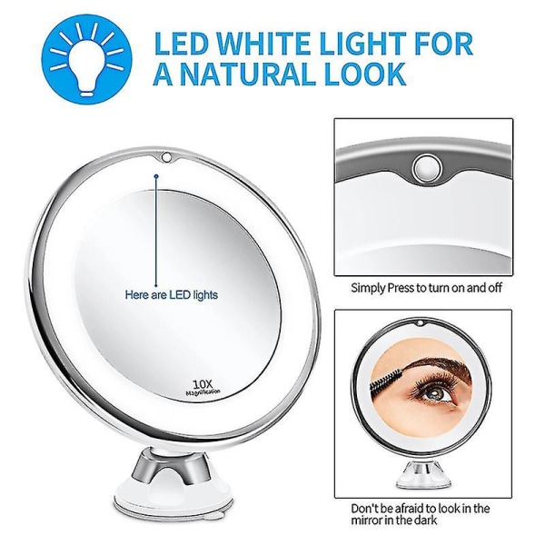 Makeup Spejl 10x Forstørrelse LED-belyst Makeup Spejl 360° Drejelig Med Integreret Sugeskål Skærespejl[HkkK]
